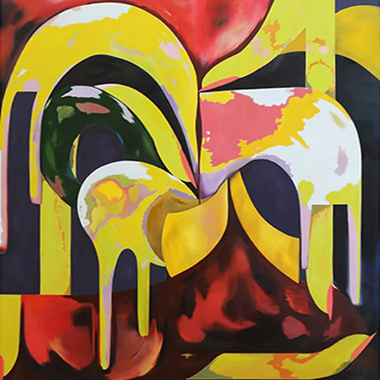 Annette Hur. "Slower Time" (detail), 2019. Oil on canvas painting with bright red and yellow shapes predominating with dark, blue, geen and black areas.