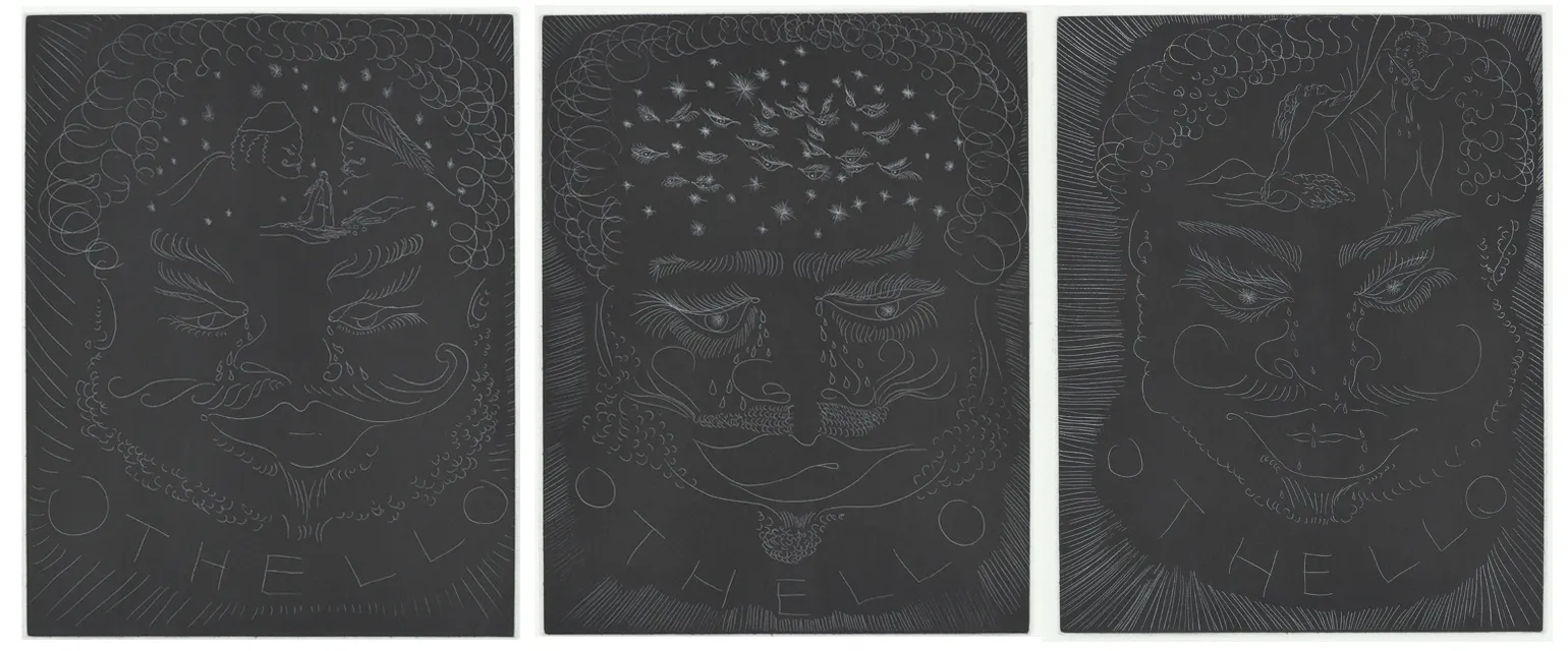 Chris Ofili, "Othello," 2018 (details). Suite of 10 prints, title, and colophon; aquatint, black mica, white ink. Courtesy the artist and Two Palms, NY.