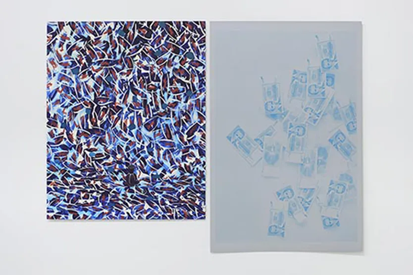 Phoebe Derlee, POV (Still Life II), inkjet print on aluminum, 2016; Ten Billion, offset plate, 2016. Courtesy the artist.