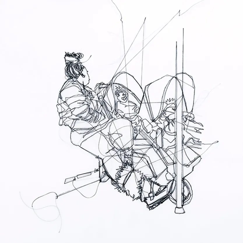 Leslie Jiménez. A Humble Hero at Work, 2017. Polyester thread on paper; 21 x 11 in. Courtesy the artist.