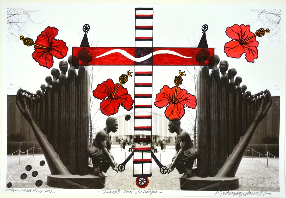 Kabuya Pamela Bowens-Saffo. From the series "Tracks & Bridges," 2019. Ink and mix-media collage; 18 x 24 in. Courtesy the artist.