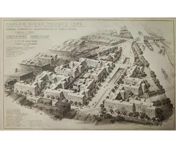 Perspective Rendering of Harlem River Houses, 1936-1937. Avery Architectural & Fine Arts Library, Columbia University, New York.