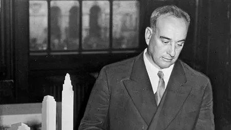 C.M. Stieglitz. Robert Moses with a model of his proposed Battery Bridge, 1939.