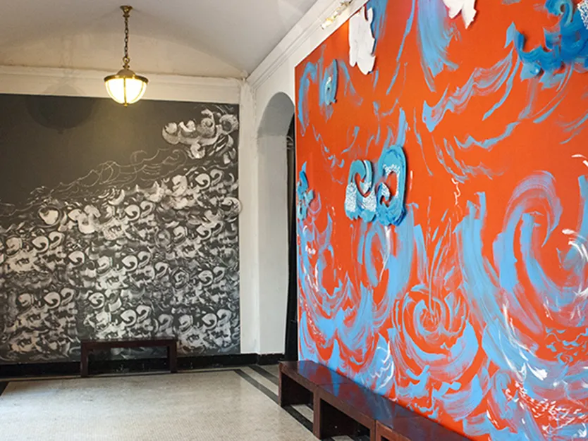 Scherezade Garcia. In Transit/Liquid Highway, installation view at Miller Theatre Lobby, Fall 2015. Photograph by Gerald Sampson.