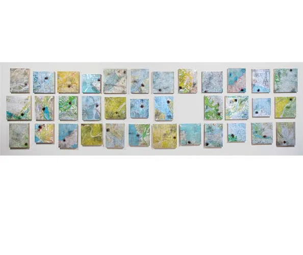 Sonya Kelliher-Combs, Credible II, 2021. Acrylic polymer, paper, human hair, nylon thread on 35 birch panels; panel dimensions vary. Photo: Chris Arend Photography.