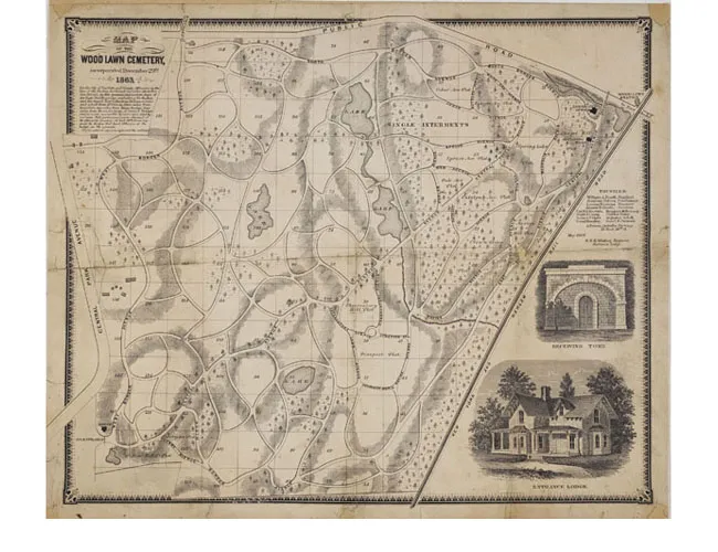 The second published map of Woodlawn (1868) signed by R.E.K. Whiting, who was in charge of the development of Woodlawn Cemetery until his death in 1871. This map shows the 300 foot square grid that is the basis for Woodlawn cartography. Avery Library, Drawings & Archives, Woodlawn Cemetery Records.