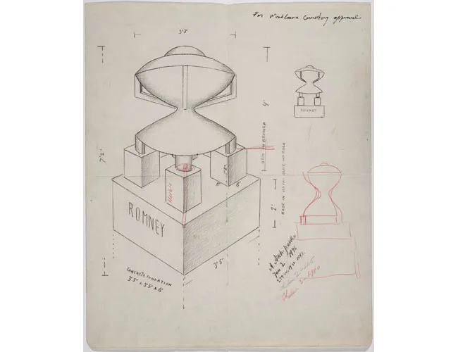 Drawing for the bronze and black granite Romney memorial located in Golden Rod plot by Alexander Archipenko. Avery Library, Drawings & Archives, Woodlawn Cemetery Records.