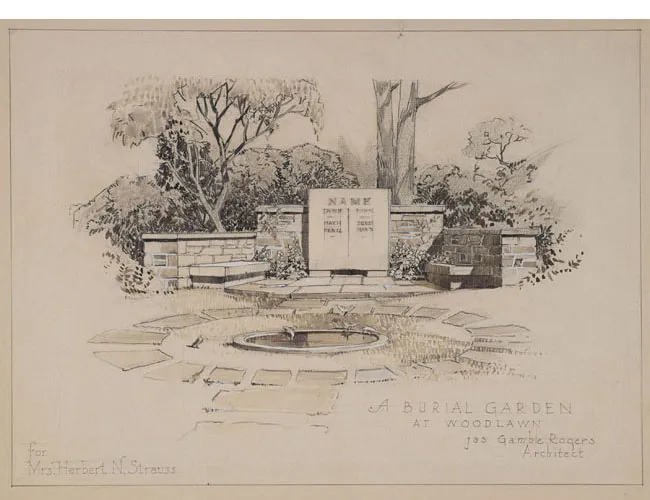 Monument and bird bath designed by James Gamble Rogers (architect of Butler Library) in 1939 for the Edward and Millie Kuhn lot in Knollwood plot. Avery Library, Drawings & Archives, Woodlawn Cemetery Records.